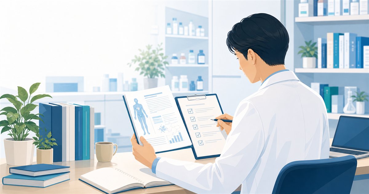 運営者ナカサポが医療資料と編集方針を確認するイメージ